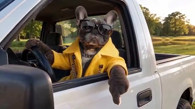 Bulldog driving a white pickup as a Hit the Road Dude visual reference